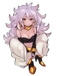 Rule 34 | 1girl, android 21, bracelet, breasts, choker, cleavage, closed mouth, collarbone, colored skin, dragon ball, dragon ball fighterz, earrings, full body, hoop earrings, jewelry, kemachiku, long hair, majin android 21, medium breasts, midriff, navel, pink skin, red eyes, simple background, solo, white background, white hair, yellow choker