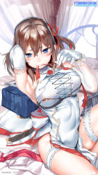 Rule 34 | 1girl, arm up, armpits, bag, blue eyes, blush, breasts, brown hair, china dress, chinese clothes, covered navel, dress, elbow gloves, game-style, garter straps, gloves, hair between eyes, hair ribbon, highres, karochii, large breasts, bridal garter, looking at viewer, medium hair, mouth hold, on bed, one side up, original, pelvic curtain, phone wallpaper, pleated skirt, ribbon, ribbon in mouth, school bag, sitting, skirt, solo, wallpaper, white dress, white gloves