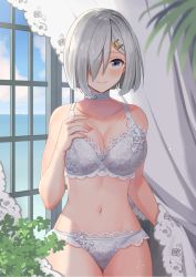 Rule 34 | 1girl, blue eyes, blue sky, blush, bra, breasts, choker, cleavage, collarbone, commentary, day, frilled bra, frilled panties, frills, hair ornament, hair over one eye, hairclip, hamakaze (kancolle), hand on own chest, highres, indoors, kantai collection, large breasts, lingerie, looking at viewer, natsume (natsume melio), panties, short hair, silver bra, silver hair, silver panties, sky, smile, solo, underwear, window