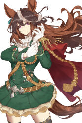 Rule 34 | 1girl, absurdres, adjusting clothes, adjusting gloves, aiguillette, amaxa, animal ears, ascot, belt, black thighhighs, brown belt, brown hair, cape, commentary request, cowboy shot, earrings, epaulettes, gloves, green jacket, green skirt, hair between eyes, highres, horse ears, horse girl, horse tail, jacket, jewelry, long hair, long sleeves, looking at viewer, medal, multicolored hair, pleated skirt, purple eyes, red cape, simple background, single earring, single epaulette, skirt, solo, streaked hair, symboli rudolf (umamusume), tail, thighhighs, umamusume, white ascot, white background, white gloves, white hair