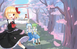 Rule 34 | 4girls, :&gt;, ascot, asymmetrical hair, bad id, bad pixiv id, black hair, blonde hair, blue eyes, blue hair, bow, broom, cherry blossoms, cirno, daiyousei, eluthel, embodiment of scarlet devil, fang, frog, green eyes, green hair, hair bow, hakurei reimu, ice, looking at viewer, mary janes, multiple girls, one eye closed, open mouth, outstretched arms, red eyes, rumia, shoes, side ponytail, sitting, smile, spread arms, stairs, torii, touhou, v arms, wings, wink