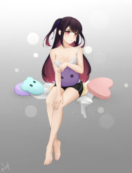 Rule 34 | 1girl, absurdres, bare arms, bare shoulders, barefoot, black hair, black shorts, blue nails, blue ribbon, blush, breasts, button eyes, buttons, cleavage, collarbone, colored inner hair, commentary, crossed ankles, english commentary, ferys, gradient background, gradient eyes, grey background, hair ribbon, heart, highres, hina misora, long hair, looking at viewer, medium breasts, mixed-language commentary, multicolored eyes, multicolored hair, nail polish, off shoulder, pink eyes, pink hair, ribbon, shirt, shorts, sideways glance, signature, sitting, solo, spaghetti strap, spanish commentary, streaked hair, stuffed toy, symbol-shaped pupils, two-tone hair, two side up, virtual youtuber, wactor production, white shirt, yellow eyes