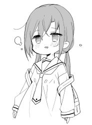 Rule 34 | 1girl, backpack, bag, blush, commentary, cropped torso, dress, drooling, greyscale, hair between eyes, highres, long hair, long sleeves, low twintails, meito (maze), mole, mole on neck, monochrome, mouth drool, necktie, original, parted lips, sailor dress, simple background, sleeves past wrists, solo, twintails, upper body, white background