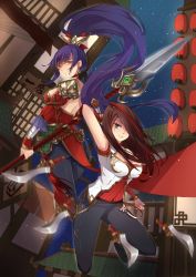 Rule 34 | 2girls, alternate costume, alternate hair color, arm behind back, armor, backless outfit, bare shoulders, bi ge xing, black pants, blunt bangs, bow, breasts, brown hair, chinese clothes, cleavage, cleavage cutout, clothing cutout, dagger, from behind, green eyes, hair bow, holding, holding weapon, katarina (league of legends), kneeling, knife, large breasts, league of legends, long hair, looking at viewer, looking back, multicolored hair, multiple girls, nidalee, night, night sky, pants, pantyhose, pauldrons, polearm, ponytail, red hair, serious, shoulder armor, sky, spear, star (sky), starry sky, two-tone hair, very long hair, warring kingdoms katarina, warring kingdoms nidalee, weapon, yellow eyes