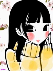 Rule 34 | 1girl, black eyes, black hair, blunt bangs, blush, cherry blossoms, floral background, hand on own cheek, hand on own face, highres, koronporo, lipstick, looking at viewer, makeup, medium hair, no nose, original, red lips, signature, sketch, solo, sweater, yellow sweater