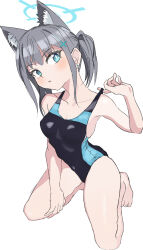 Rule 34 | 1girl, animal ear fluff, animal ears, barefoot, black one-piece swimsuit, blue archive, blue eyes, breasts, clothes pull, competition swimsuit, covered navel, cross hair ornament, extra ears, grey hair, hair ornament, halo, kneeling, looking to the side, low ponytail, medium breasts, medium hair, menko (menta), mismatched pupils, multicolored clothes, multicolored swimsuit, one-piece swimsuit, one-piece swimsuit pull, shiroko (blue archive), shiroko (swimsuit) (blue archive), simple background, solo, swimsuit, white background, wolf ears