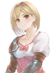 Rule 34 | 1girl, blonde hair, blush, breasts, brown eyes, cleavage, closed mouth, collarbone, djeeta (granblue fantasy), granblue fantasy, hair intakes, hairband, highres, looking at viewer, marulire, red hairband, shirt, short hair, simple background, small breasts, smile, solo, upper body, white background, white shirt