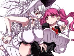 Rule 34 | 2girls, alternate breast size, ass, bleach, boots, braid, breast press, breasts, breasts squeezed together, crossover, dokugamine riruka, dress, fingernails, hands on own hips, hanya (hanya yashiki), hat, highres, large breasts, long eyelashes, long hair, long twintails, looking at viewer, lying, lying on person, mandator (ziga), multiple girls, pink eyes, pink hair, sharp teeth, side braids, standing, sun hat, sundress, teeth, thigh boots, tsundere, twintails, very long hair, white background, white dress, wide hips, ziga