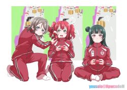 Rule 34 | 3girls, blue eyes, blunt bangs, blush, butterfly sitting, closed mouth, commentary request, controller, furrowed brow, game controller, green eyes, green hair, grey hair, hair between eyes, hair bun, highres, holding, holding controller, holding game controller, jacket, kneeling, kurosawa ruby, long hair, looking at another, looking at viewer, love live!, love live! sunshine!!, multiple girls, open mouth, pants, pink eyes, puckered lips, red hair, red pants, seiza, short hair, sidelocks, single side bun, sitting, socks, track jacket, track pants, tsushima yoshiko, two side up, v-shaped eyebrows, watanabe you, white socks, yousolo, yyy (love live!)