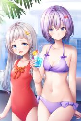 Rule 34 | 2girls, :d, a.i. voice, ahoge, bad id, bad pixiv id, bare arms, bare shoulders, bendy straw, bikini, blue eyes, bow, braid, breasts, casual one-piece swimsuit, cleavage, closed mouth, collarbone, cup, drink, drinking glass, drinking straw, grey hair, hair between eyes, hair ornament, hairclip, holding, holding cup, ice, ice cube, kizuna akari, kizuna akari (tsubomi), long hair, looking at viewer, multiple girls, murano, navel, one-piece swimsuit, open mouth, purple bikini, purple bow, purple hair, red one-piece swimsuit, short hair, small breasts, smile, swimsuit, very long hair, vocaloid, voiceroid, water, yuzuki yukari