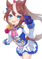 Rule 34 | 1girl, absurdres, animal ears, ascot, asymmetrical gloves, blue eyes, blue gloves, blue jacket, blue skirt, blush, bow, brown hair, buttons, cape, commentary request, cowboy shot, double-breasted, ear ornament, epaulettes, gloves, hair between eyes, highres, horse ears, horse girl, horse tail, jacket, long hair, long sleeves, looking at viewer, mismatched gloves, multicolored clothes, multicolored hair, multicolored jacket, open mouth, pink ascot, pink bow, ponytail, red cape, simple background, single epaulette, skirt, smile, solo, streaked hair, tail, tokai teio (umamusume), tsuyusora, two-tone jacket, two-tone skirt, umamusume, wavy mouth, white background, white gloves, white hair, white jacket, white skirt
