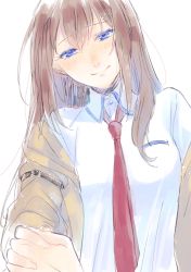 Rule 34 | 1girl, bad id, bad pixiv id, blue eyes, blush, brown hair, collared shirt, holding hands, head tilt, jacket, long hair, looking at viewer, makise kurisu, necktie, off shoulder, out of frame, outstretched hand, shirt, simple background, sketch, smile, steins;gate, tokiji, upper body, white background