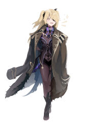 Rule 34 | 1girl, :d, absurdres, ahchuh, black bodysuit, black footwear, blonde hair, bodysuit, boots, bow, bowtie, coat, coat on shoulders, crossed legs, eyepatch, fang, fischl (genshin impact), full body, genshin impact, hair over one eye, hair ribbon, hand on own hip, highres, long hair, open mouth, parted bangs, purple bow, ribbon, simple background, smile, solo, sparkling aura, two side up, watson cross, white background