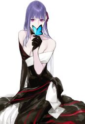 Rule 34 | 1girl, absurdres, bare shoulders, black gloves, blue butterfly, breasts, bug, butterfly, cleavage, fate/grand order, fate (series), gloves, highres, insect, long hair, matou sakura, medium breasts, nakuta, purple eyes, purple hair, simple background, solo, white background
