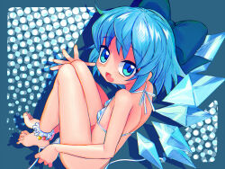 Rule 34 | 1girl, aqua eyes, bare arms, bare shoulders, barefoot, bikini, blue bow, blue eyes, blue hair, blue pupils, blue wings, bottomless, bow, breasts, chromatic aberration, cirno, crossed bangs, detached wings, fairy, fang, hair bow, highres, ice, ice wings, light blue hair, looking at viewer, multicolored eyes, open mouth, short hair, sitting, skin fang, small breasts, solo, striped bikini, striped clothes, swimsuit, toenails, touhou, tsukiyono aroe, untied bikini, wings