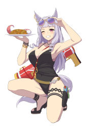 Rule 34 | 1girl, adjusting eyewear, animal ears, arm up, bare shoulders, between breasts, black one-piece swimsuit, blunt bangs, blush, bracelet, breasts, cleavage, covered navel, eyewear on head, food, full body, gold ship (run revolt launcher) (umamusume), gold ship (umamusume), grey hair, grin, groin, hand up, highres, holding, holding plate, holster, horse ears, horse girl, horse tail, jewelry, large breasts, long hair, necklace, octopus, one-piece swimsuit, on one knee, pink eyes, plate, raised eyebrow, sandals, simple background, smile, solo, strap between breasts, sunglasses, swimsuit, tail, thigh holster, umamusume, vococo, water gun, white background