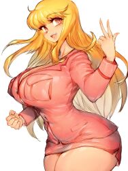 Rule 34 | 1girl, :d, akimoto katherine reiko, blonde hair, blush, breasts, cleavage, contrapposto, dress shirt, fumio (rsqkr), highres, huge breasts, jumpsuit, kochikame, large breasts, long hair, long sleeves, looking at viewer, open mouth, pink jumpsuit, pink shirt, pink skirt, shirt, sidelocks, skirt, smile, solo, upper body, very long hair, yellow eyes