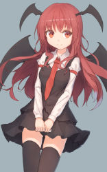 Rule 34 | 1girl, black skirt, black thighhighs, gluteal fold, head wings, highres, koakuma, long hair, long sleeves, necktie, red eyes, red necktie, shone, simple background, skirt, skirt set, smile, solo, standing, thighhighs, touhou, v arms, wings