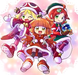 Rule 34 | 3girls, amitie (puyopuyo), andou ringo, arle nadja, blonde hair, boots, brown hair, brown mittens, christmas ornaments, christmas stocking, closed mouth, full body, gloves, green eyes, hat, looking at viewer, mittens, multiple girls, open mouth, ponytail, puyopuyo, rasu (pixiv9799832), red hair, santa hat, short hair, smile, white mittens, yellow eyes