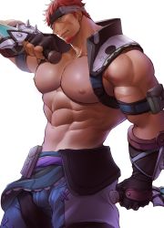 Rule 34 | 1boy, abs, bara, blush, chillasan, cowboy shot, facial hair, green eyes, gyee, headband, highres, large pectorals, looking at viewer, male focus, manly, muscular, musso (gyee), nipples, pectorals, red hair, scar, scar on face, solo, standing, thighs, topless male, upper body