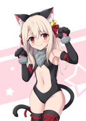 Rule 34 | 1girl, animal ear fluff, animal ears, animal hands, bare shoulders, bell, black gloves, black thighhighs, blonde hair, blush, breasts, cat ears, cat girl, cat paws, cat tail, center opening, closed mouth, commentary request, cowboy shot, dot nose, elbow gloves, fake animal ears, fake tail, fate/kaleid liner prisma illya, fate (series), fur collar, gloves, groin, hair bell, hair ornament, highres, illyasviel von einzbern, illyasviel von einzbern (beast style), jingle bell, light smile, long hair, looking at viewer, morokoshi (tekku), navel, paw gloves, red eyes, ribbon, small breasts, solo, star (symbol), stomach, tail, tail ornament, tail ribbon, thighhighs, thighs