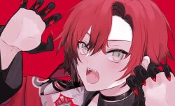 Rule 34 | 1boy, bishounen, black choker, black gloves, choker, claw pose, fangs, gloves, highres, holostars, holostars english, machina x flayon, male focus, open mouth, red background, red hair, red nails, short hair, simple background, solo, upper body, xmayo0x
