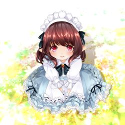 Rule 34 | 10s, 1girl, apron, brown hair, dress, final fantasy, final fantasy xiv, flower, lalafell, long hair, looking at viewer, maid, maid apron, pointy ears, red eyes, sitting, smile, solo, yume derika