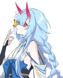 Rule 34 | armpits, blue archive, blue hair, breasts, bug, butterfly, chise (blue archive), detached sleeves, flower, hair flower, hair ornament, highres, horns, insect, longhaniwa, oni, oni horns, red eyes, ribbon, sideboob, solo, white background