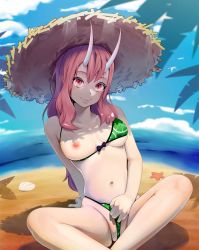 Rule 34 | 1girl, beach, breasts, breasts out, hat, highres, horns, oni horns, pink eyes, pink hair, pulling at clothes, shuna (tensei shitara slime datta ken), sinx, sitting, skindentation, straw hat, swimsuit, tensei shitara slime datta ken