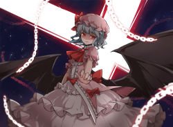 Rule 34 | arm behind back, ascot, black background, blush, cowboy shot, dress, hat, laser, mob cap, purple hair, red ascot, red eyes, remilia scarlet, short hair, smile, solo, sparkle, touhou, wings