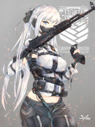 Rule 34 | 1girl, ak-12, ak-12 (girls&#039; frontline), artist request, assault rifle, crossover, english text, fingerless gloves, gas mask, girls&#039; frontline, gloves, griffin &amp; kryuger, grifon&amp;kryuger, gun, highres, holster, kalashnikov rifle, long hair, looking at viewer, magazine (weapon), mask, military, mouth mask, multicolored eyes, ponytail, pouch, reloading, tactical clothes, tom clancy&#039;s the division, weapon, white hair