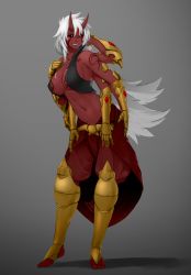 Rule 34 | 1girl, absurdres, arm behind head, armor, bare shoulders, barefoot, black sclera, blush, breasts, cleavage, clenched teeth, colored sclera, colored skin, demon girl, extra arms, facial tattoo, forehead jewel, full body, gauntlets, greaves, grey background, highres, horns, large breasts, less, long hair, monster girl, navel, original, puffy pants, red skin, simple background, solo, stomach, tattoo, teeth, toeless legwear, toes, very long hair, white hair