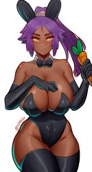Rule 34 | 1girl, absurdres, animal ears, bare shoulders, black gloves, black leotard, black thighhighs, bleach, boots, bow, bowtie, breasts, brown eyes, carrot, cleavage, closed mouth, curvy, dark-skinned female, dark skin, detached sleeves, elbow gloves, fake animal ears, female focus, gloves, highleg, highleg leotard, highres, holding, holding sword, holding weapon, large breasts, leotard, long hair, looking at viewer, playboy bunny, ponytail, purple hair, rabbit ears, shihouin yoruichi, shiny skin, solo, sword, thick thighs, thigh boots, thighhighs, thighs, twitter username, waki (w4kih), weapon, wide hips, yellow eyes