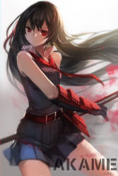 Rule 34 | 10s, 1girl, :/, akame (akame ga kill!), akame ga kill!, bad id, bad pixiv id, black hair, character name, gauntlets, long hair, looking at viewer, necktie, pleated skirt, red eyes, skirt, solo, swd3e2, wind
