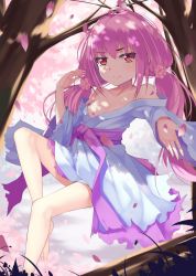 Rule 34 | 1girl, aoi (buzhuen444), barefoot, breasts, feet, flower, ghost reaper &amp; winter cherries, hair flower, hair ornament, long hair, looking at viewer, low twintails, off shoulder, petals, pink hair, red eyes, small breasts, solo, toes, twintails, very long hair, yu-gi-oh!