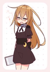 Rule 34 | 1girl, alternate costume, crescent, crescent pin, enmaided, floral background, glasses, kantai collection, long hair, maid, menu board, mochizuki (kancolle), solo, yawning, yoru nai