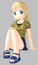 Rule 34 | 1girl, 3d, ana coppola, arm support, blonde hair, blouse, blue eyes, grey background, hand on own knee, ichigo mashimaro, knees up, long hair, open mouth, sandals, shirt, simple background, sitting, skirt, solo