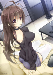 Rule 34 | 1girl, antenna hair, breasts, brown hair, choker, collarbone, covered erect nipples, eyebrows, handheld game console, impossible clothes, indoors, large breasts, long hair, looking at viewer, off shoulder, open mouth, original, playstation portable, shorts, sitting, solo, thighhighs, white thighhighs, won (az hybrid), yokozuwari