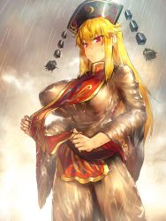 Rule 34 | 1girl, puff of air, black dress, blonde hair, blush, breasts, chinese clothes, clothes lift, cowboy shot, crescent, dress, hat, highres, huge breasts, junko (touhou), lifting own clothes, long hair, long sleeves, melon22, mature female, rain, red eyes, solo, tabard, touhou, wet, wet clothes, wide sleeves