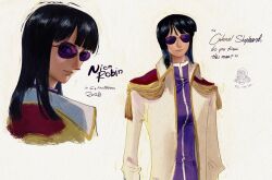 1boy 1girl black_hair blue_hair blunt_bangs coat collared_coat commentary cowboy_shot epaulettes high_collar highres jacket linerynlasgalen medium_hair multiple_views nico_robin one_piece profile purple_jacket simple_background smile sunglasses usopp white_background white_coat