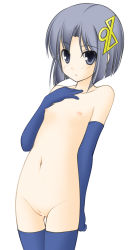 Rule 34 | 1girl, 98-tan, blue eyes, blue hair, blue thighhighs, censored, cleft of venus, elbow gloves, flat chest, gloves, hair ornament, hand on own chest, highres, matching hair/eyes, nipples, nude, os-tan, pointless censoring, pussy, short hair, simple background, solo, tapioka (coconuts), thigh gap, thighhighs, white background