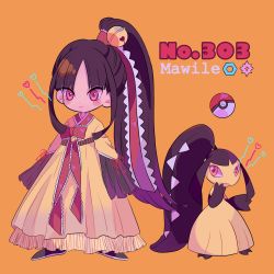 Rule 34 | 1girl, bell, black footwear, black hair, character name, creatures (company), dress, full body, game freak, gen 3 pokemon, heart, highres, long hair, long sleeves, mawile, moemon, narumame, nintendo, orange background, parted bangs, personification, poke ball, poke ball (basic), pokedex number, pokemon, pokemon (creature), red eyes, shoes, simple background, smile, standing, yellow dress