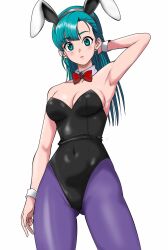 Rule 34 | 1girl, alternate costume, animal ears, aqua eyes, aqua hair, black leotard, bow, bowtie, breasts, bulma, commentary request, detached collar, dragon ball, dragon ball (classic), highleg, highleg leotard, highres, leotard, long hair, looking at viewer, medium breasts, official alternate costume, pantyhose, playboy bunny, purple pantyhose, rabbit ears, red bow, red bowtie, reikoenji, simple background, solo, standing, strapless, strapless leotard, white background, wide hips, wrist cuffs