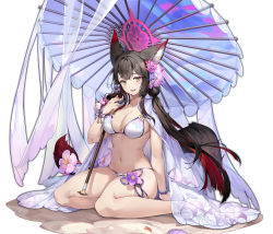 Rule 34 | 1girl, absurdres, animal ear fluff, animal ears, bikini, black hair, blue archive, blunt ends, blush, breasts, c (pixiv3064042), cleavage, collarbone, colored inner hair, flower, fox ears, fox girl, fox tail, hair flower, hair ornament, halo, highres, holding, holding umbrella, large breasts, long hair, looking at viewer, multicolored hair, navel, official alternate costume, oil-paper umbrella, parasol, red hair, ribbon, sitting, smile, solo, string bikini, swimsuit, tail, tail ornament, thigh strap, tongue, two-tone hair, umbrella, very long hair, wakamo (blue archive), wakamo (swimsuit) (blue archive), white bikini, yellow eyes, yokozuwari