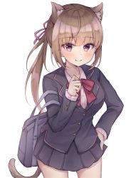 Rule 34 | 1girl, animal ear fluff, animal ears, bad id, bad pixiv id, bag, black jacket, black skirt, blazer, blush, bow, brown hair, cat ears, cat girl, cat tail, closed mouth, collared shirt, dress shirt, hair between eyes, hair ribbon, hand on own hip, hand up, jacket, long hair, long sleeves, looking at viewer, original, pleated skirt, poe (528yuzunon), ponytail, purple ribbon, red bow, red eyes, ribbon, school bag, school uniform, shirt, simple background, skirt, sleeves past wrists, smile, solo, tail, very long hair, white background, white shirt