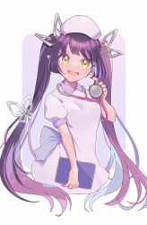 Rule 34 | 1girl, alternate costume, black hair, blunt bangs, breasts, collared dress, commentary request, cropped torso, demon girl, demon horns, demon tail, dress, hat, highres, holding, holding stethoscope, horns, kojo anna, kuzuhana, long hair, looking at viewer, medium breasts, multicolored hair, nanashi inc., nurse, nurse cap, open mouth, pointy ears, puffy short sleeves, puffy sleeves, purple hair, short sleeves, smile, solo, stethoscope, sugar lyric, tail, twintails, two-tone hair, upper body, virtual youtuber, white dress, yellow eyes