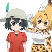 Rule 34 | 2girls, :d, animal ears, animated, arm at side, arm up, arms at sides, bare shoulders, black eyes, black hair, blonde hair, bow, bowtie, commentary, elbow gloves, extra ears, fang, gloves, hair between eyes, hat feather, helmet, high-waist skirt, kaban (kemono friends), kemono friends, looking at another, looking down, multiple girls, open mouth, pith helmet, print bow, print gloves, print neckwear, print skirt, red shirt, serval (kemono friends), serval print, serval tail, shirt, short hair, short sleeves, skirt, smile, spinning, t-shirt, tail, tail wagging, taro (tontaro), traditional bowtie, upper body, video, yellow eyes