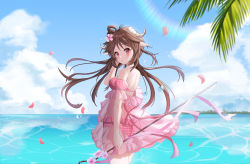 Rule 34 | 1girl, absurdres, animal ears, antenna hair, arknights, b grade, bikini, blue sky, brown hair, cloud, cloudy sky, cowboy shot, day, eyjafjalla (arknights), eyjafjalla (summer flower) (arknights), falling petals, flower, from behind, hair flower, hair ornament, hand in own hair, highres, horns, long hair, looking at viewer, looking back, off-shoulder bikini, off shoulder, official alternate costume, outdoors, palm leaf, petals, pink bikini, pink eyes, pink flower, pink sarong, sarong, see-through sarong, sheep ears, sheep girl, sheep horns, sky, smile, solo, sun, swimsuit, water