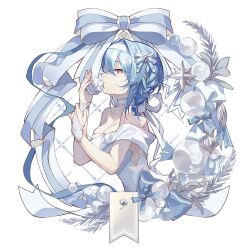 Rule 34 | 1girl, bare shoulders, blue hair, bow, braid, breasts, christmas, christmas ornaments, christmas wreath, cleavage, cropped torso, dress, eula (genshin impact), fingerless gloves, from side, genshin impact, gloves, hair ornament, hairband, highres, looking at viewer, medium hair, oriori 0201, profile, simple background, solo, upper body, white background, white bow, white dress, white gloves, white hairband, wreath