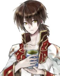 Rule 34 | 1boy, black coat, brown hair, closed mouth, coat, commentary request, cup, expressionless, glasses, green tea, hair between eyes, high priest (ragnarok online), holding, holding cup, layered clothes, leche, long sleeves, looking at viewer, male focus, multicolored coat, pince-nez, ragnarok online, red coat, short hair, short ponytail, simple background, solo, tea, two-tone coat, upper body, white background, white coat, yellow eyes, yunomi